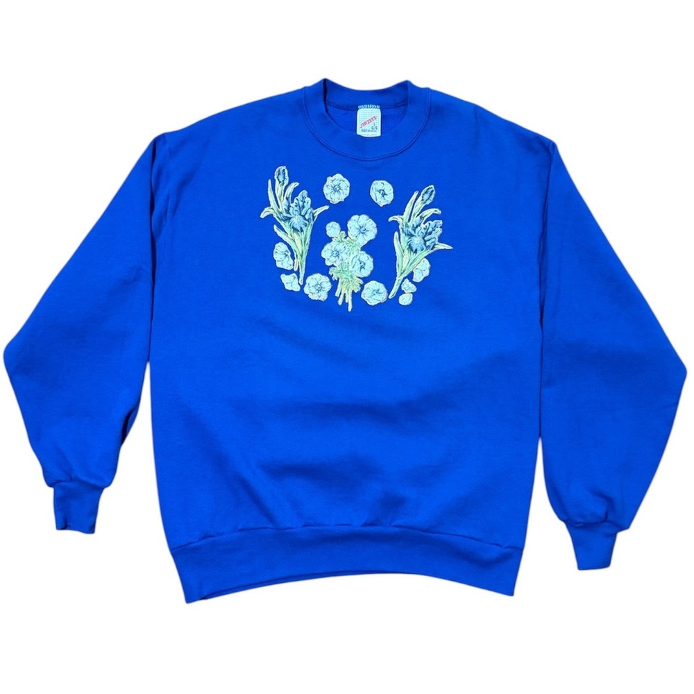 Vintage 80s Blue Floral Flowers Nature Graphic Embroidered Crewneck Sweatshirt